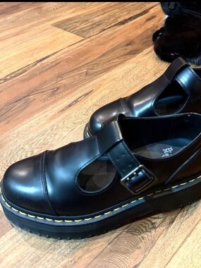 Dr. Martens Black Mary Jane Platform Shoes with Yellow Stitching